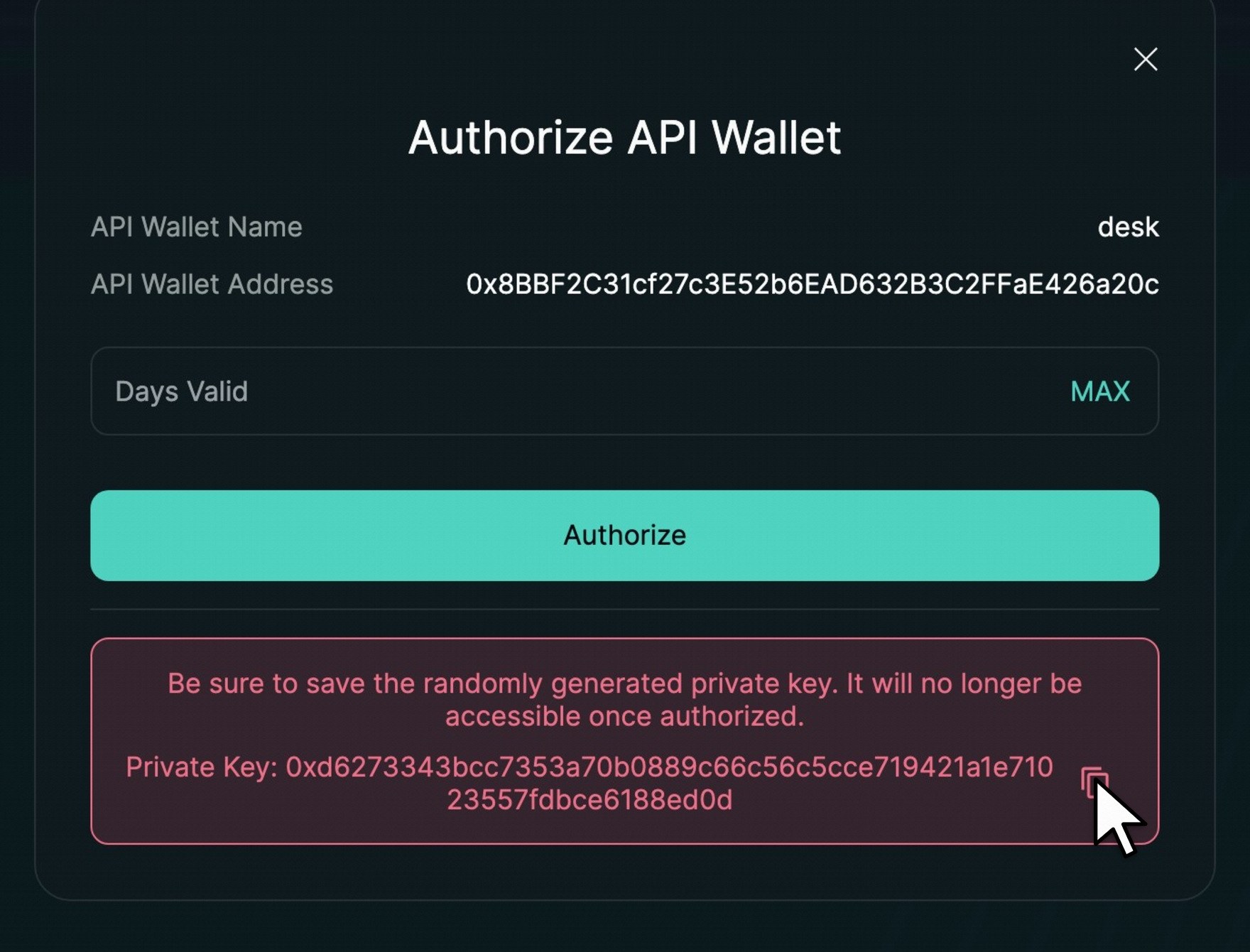 The Authorize API Wallet dialog on Hyperliquid's API page
