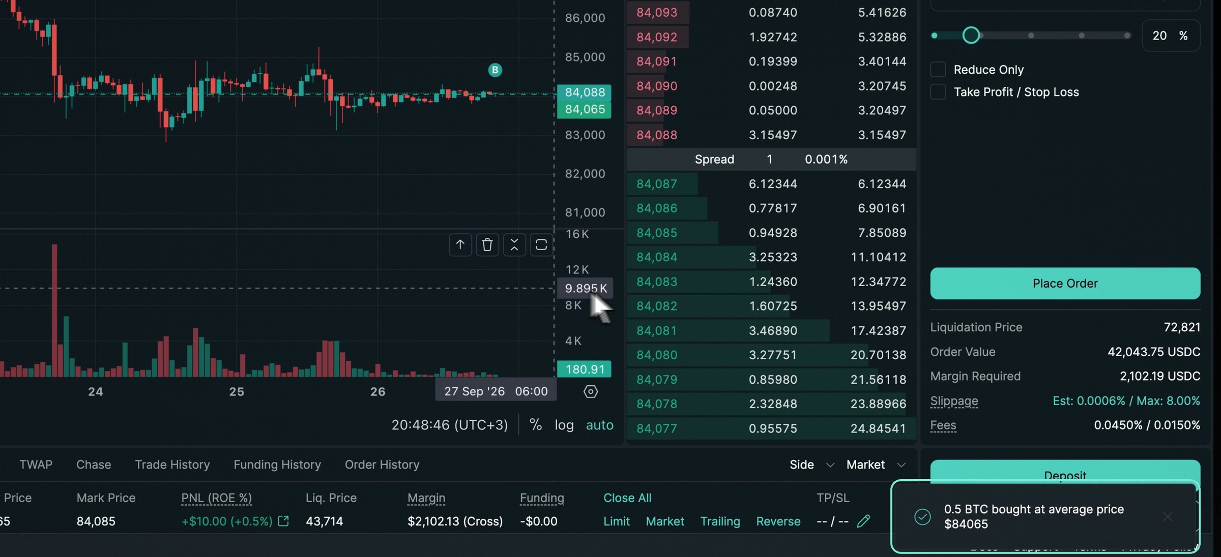 An order in the official Hyperliquid app with the cold wallet unplugged