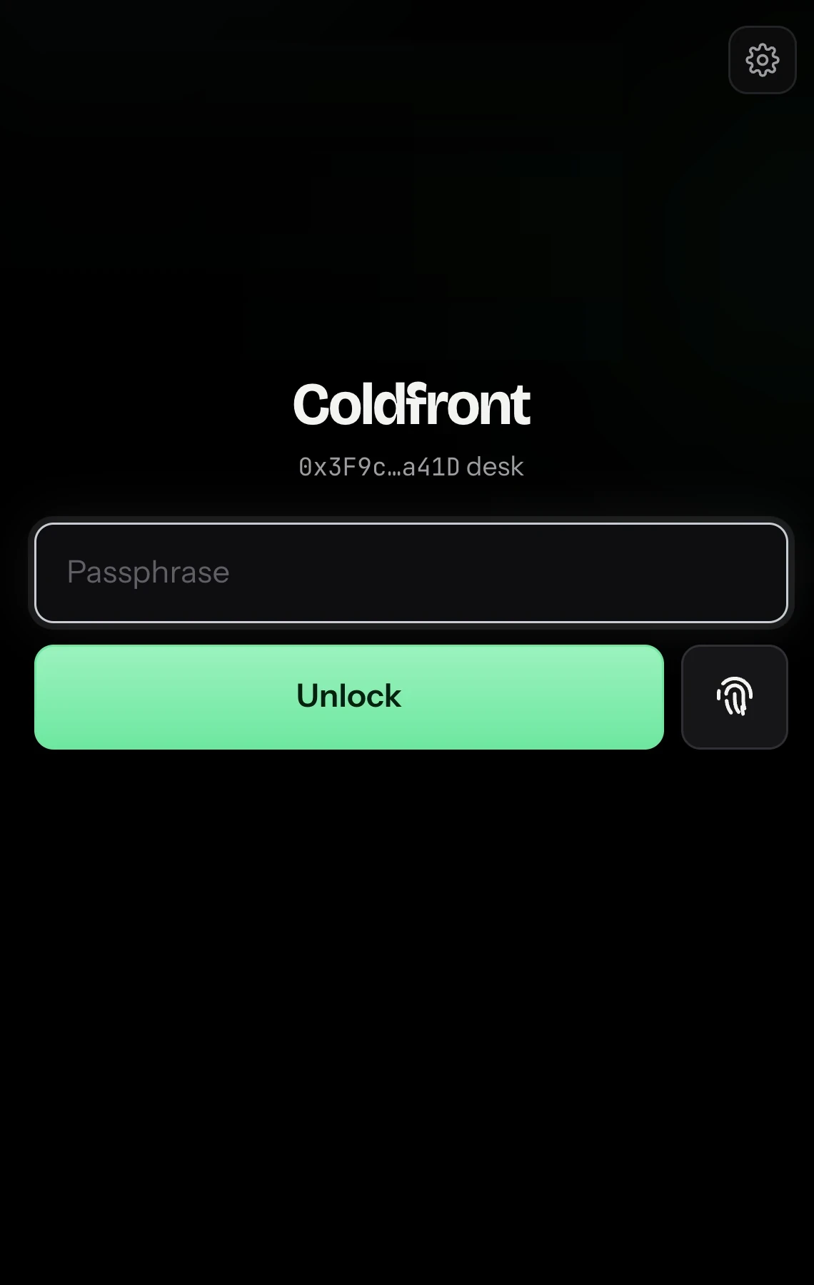 Coldfront locked, asking for the passphrase or Touch ID (passkey)