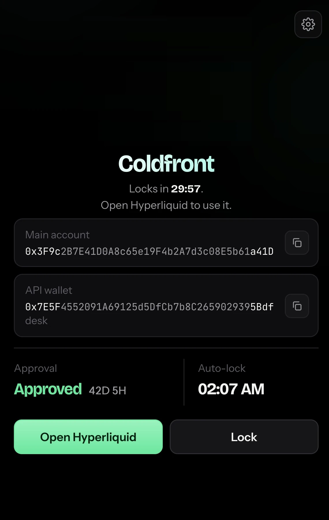 Coldfront unlocked, showing the account and the API wallet