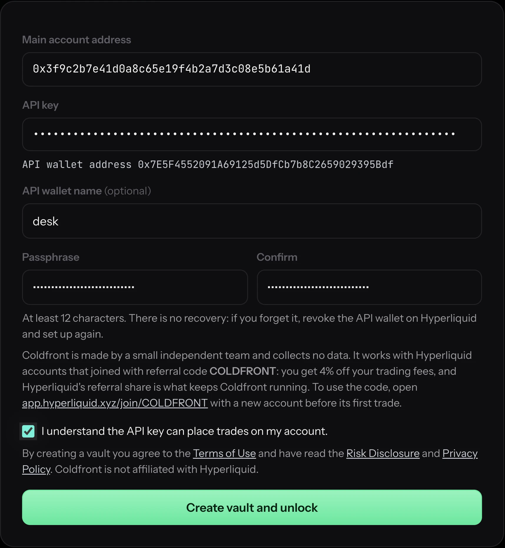 Coldfront's setup form with the main account address, API key and passphrase fields